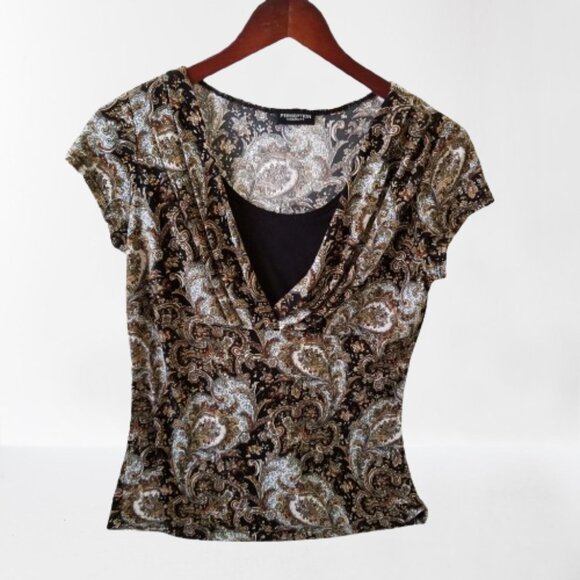 Black/Brown/White Paisley Cap Sleeve Top with Scoop Neck by Perseption Concept - Picture 1 of 5